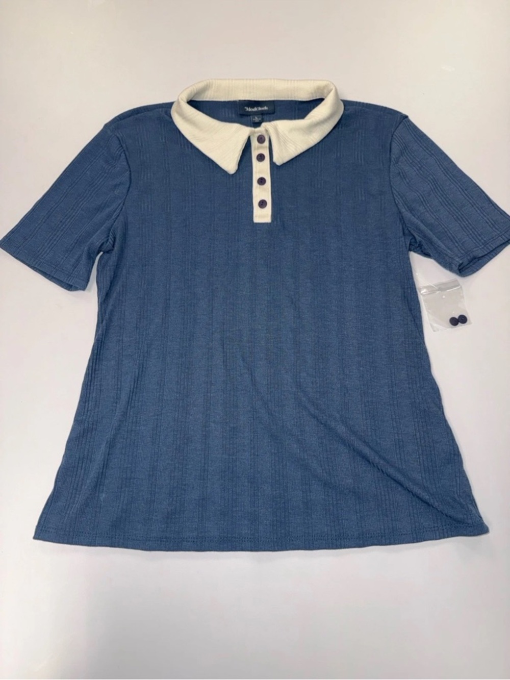 New ModCloth Short Sleeve T Shirt Blue Ribbed With White Collar Attached Size L